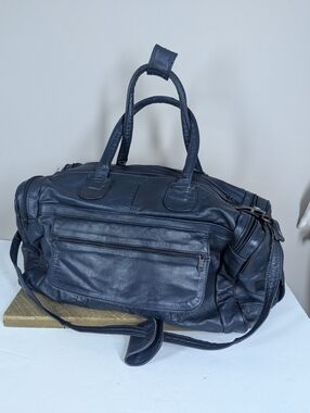 Vintage Leather Duffle Bag Navy Blue Travel Weekender Gym Bag Leather